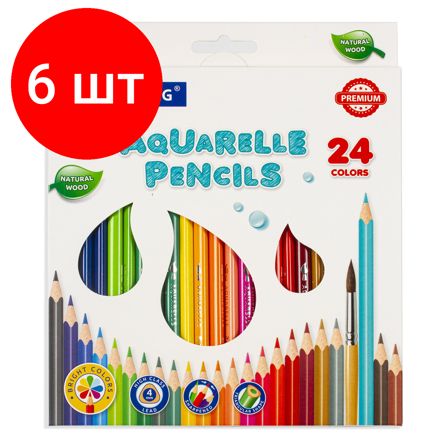 Комплект 6 шт, Карандаши цветные акварельные BRAUBERG PREMIUM AQUARELLE, 24 цвета, грифель мягкий 4 мм, 181673