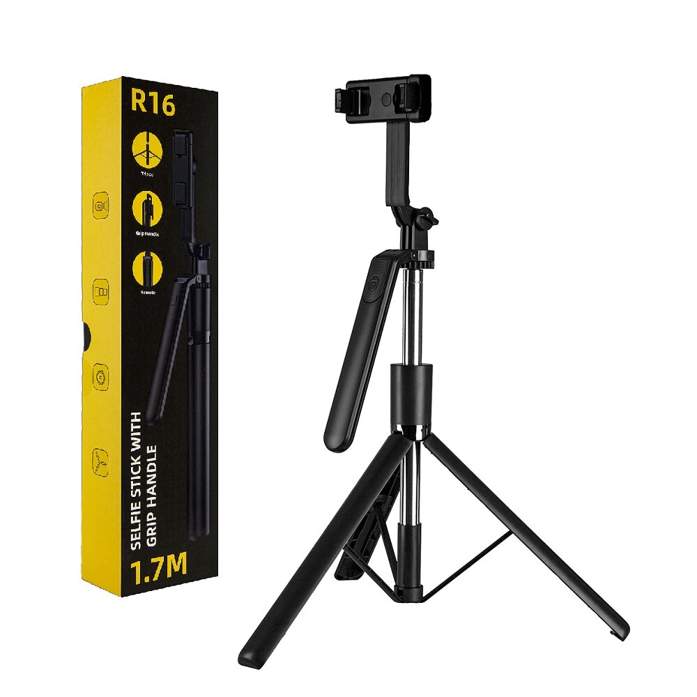 Монопод-трипод селфи палка R16, с блютуз пультом, 175 см, черный