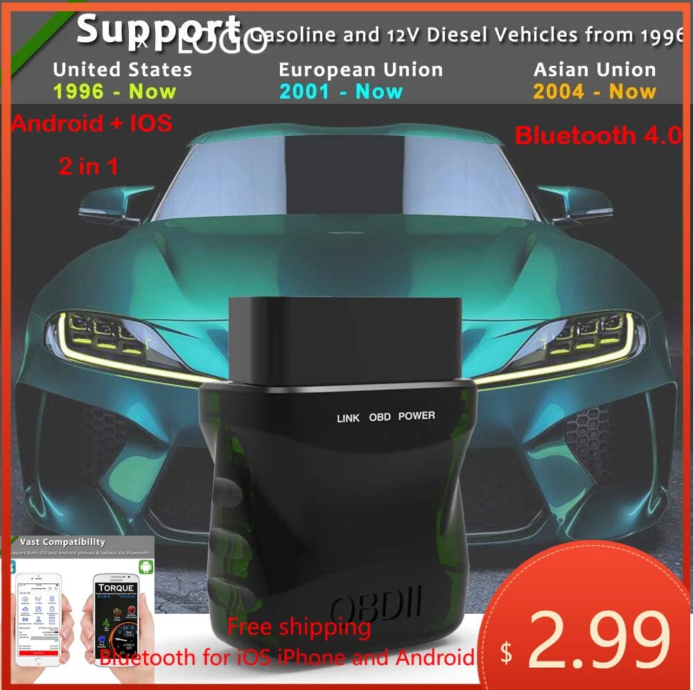 ELM327 Obd2 сканер Bluetooth 4,0 для IOS /Android 2 в 1 считыватель кодов четкие коды ошибок выключить проверить двигатель, Elm327 — фото 1