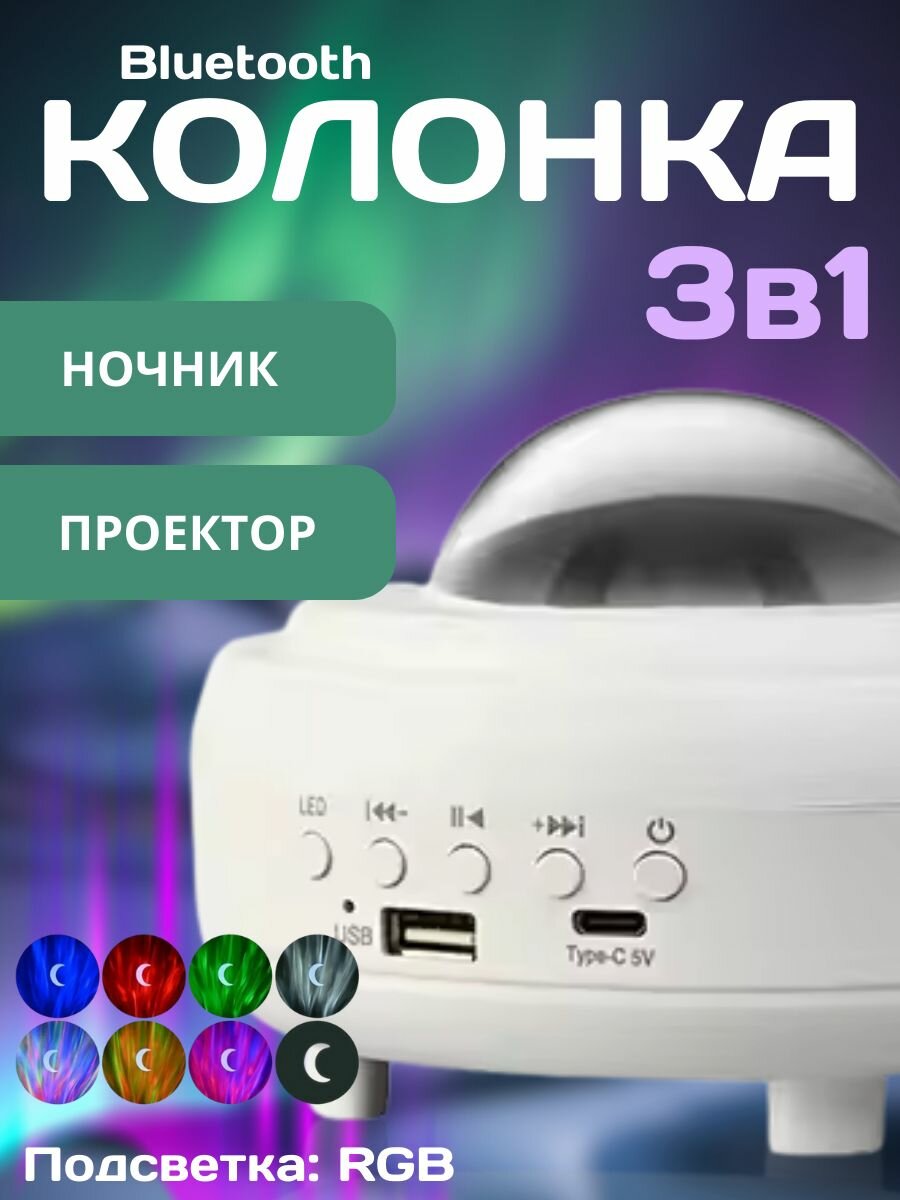 Ночник, проектор, Bluetooth колонка Северное сияние. белый.