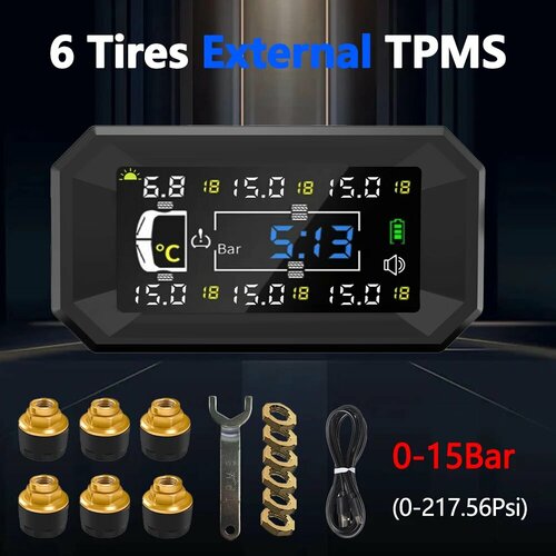 8Bar15Bar Автомобиль RV Грузовик TPMS 6 Колеса Датчик Солнечная система контроля давления в шинах Температурные часы Дисплей давления воздуха Сигнализация Внешниевнутренние датчики 15Bar External TPMS 4477₽