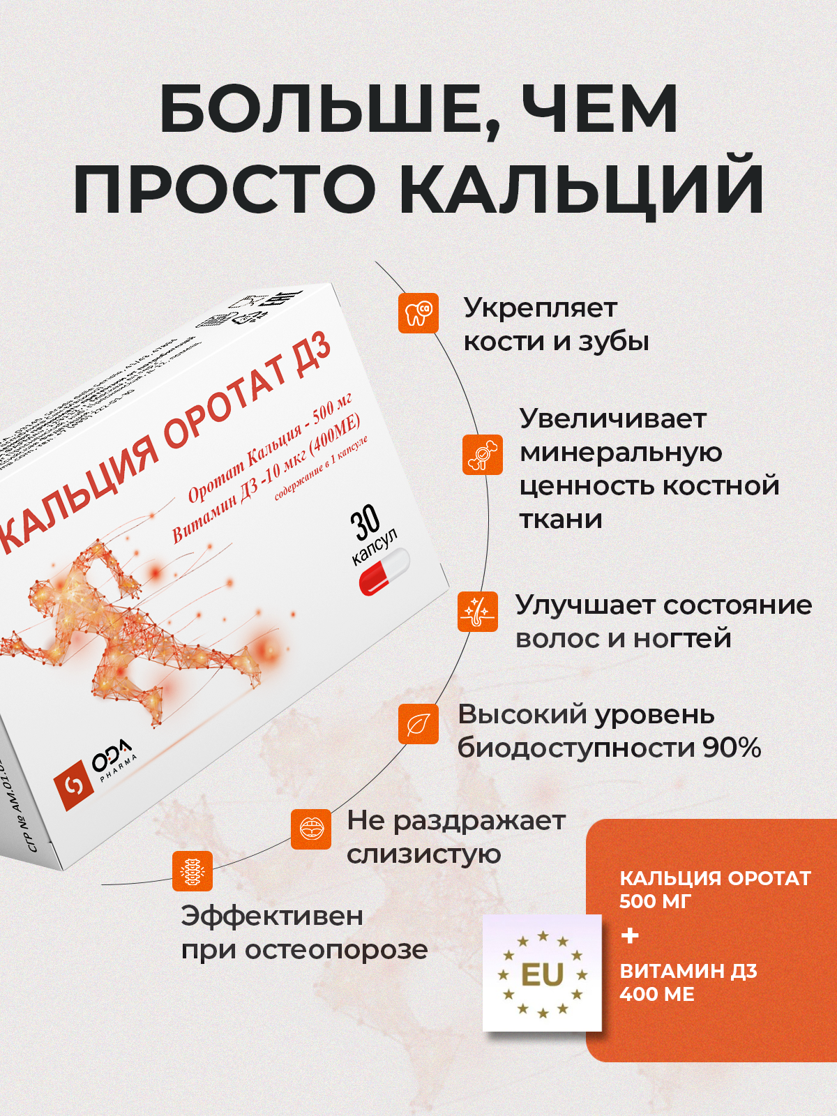 Кальция Оротат Витамин Д3 от остеопороза 30 капсул, витамины для суставов и связок, для укрепления костей — фото 1