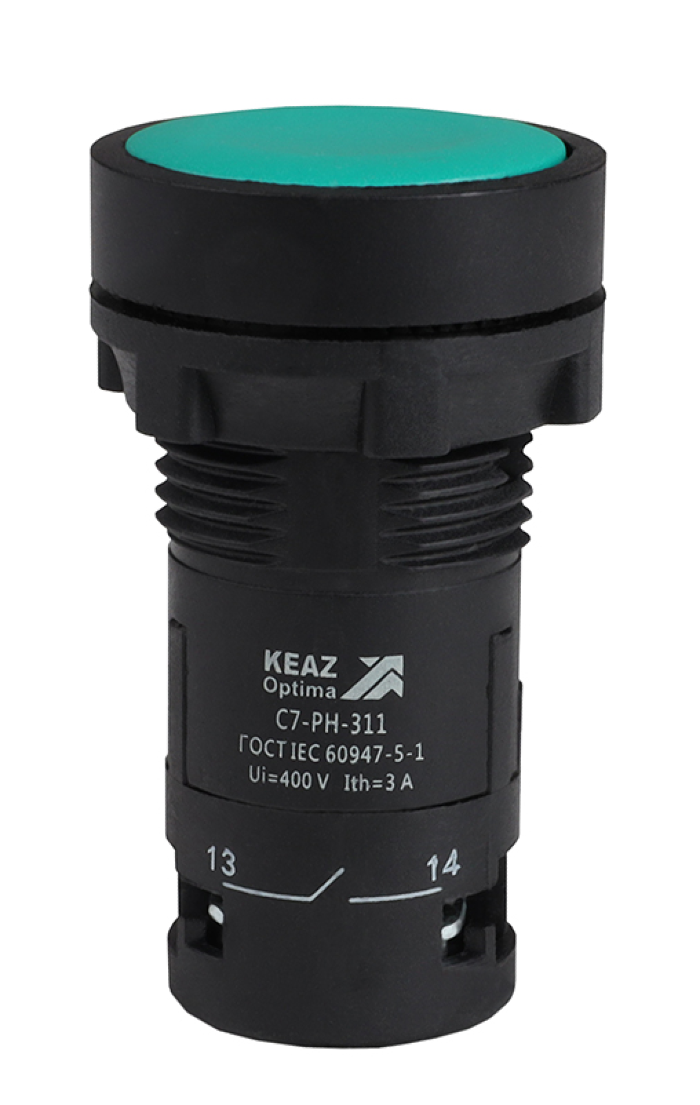 Кнопка управления КЭАЗ OptiSignal Compact D22 C7-PH-311 с фиксацией зеленая, 1НО+1НЗ XB7NH35, 362074 / кнопочный пост