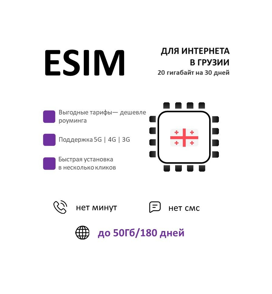 ESIM для интернета в Грузии 20 ГБ на 30 дней. Виртуальная сим-карта для Грузии