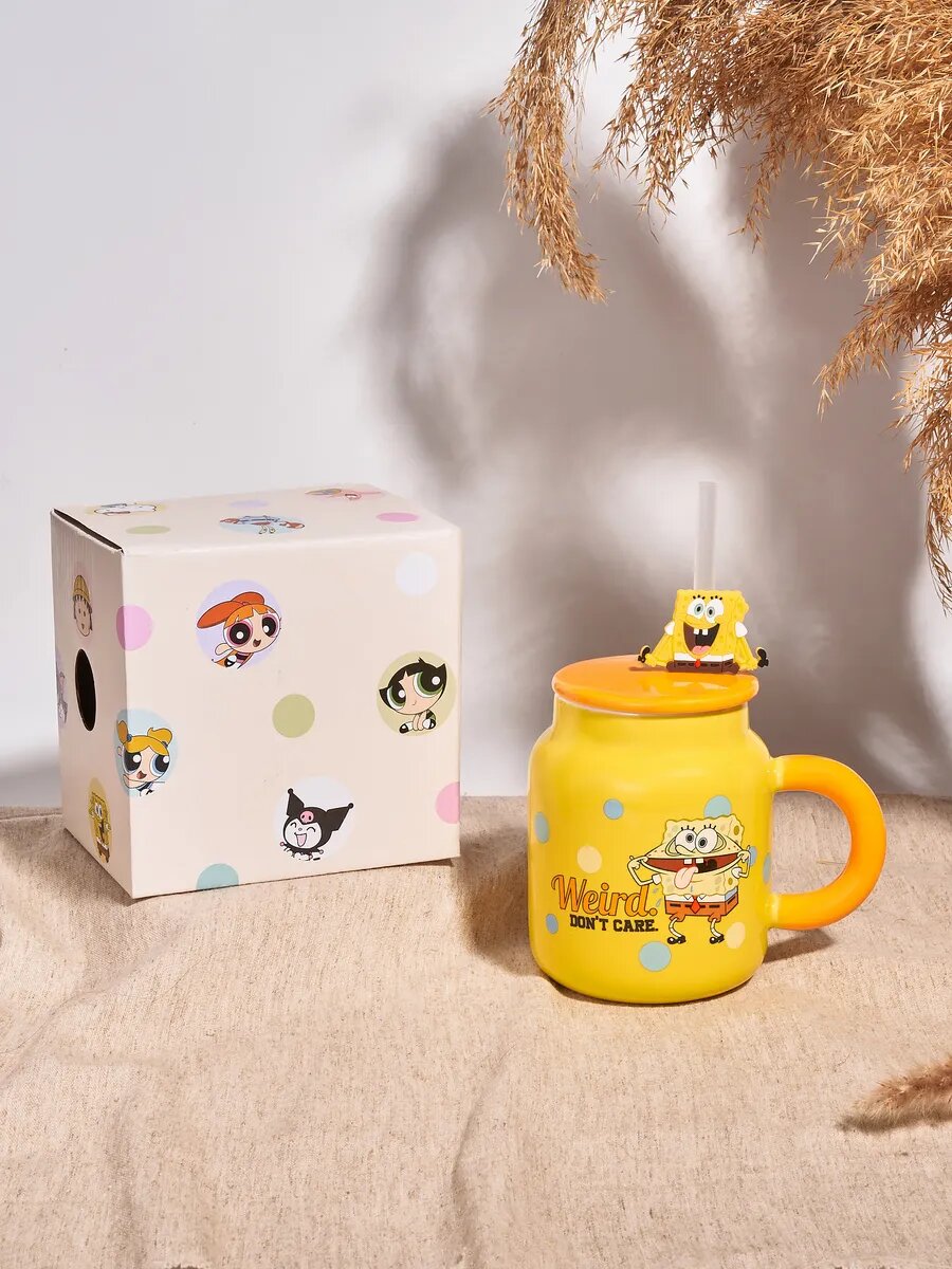 Кружка "Губка Боб Патрик" Тепло в руках, керамика, с трубочкой, подарочная упаковка, 300 мл — фото 1