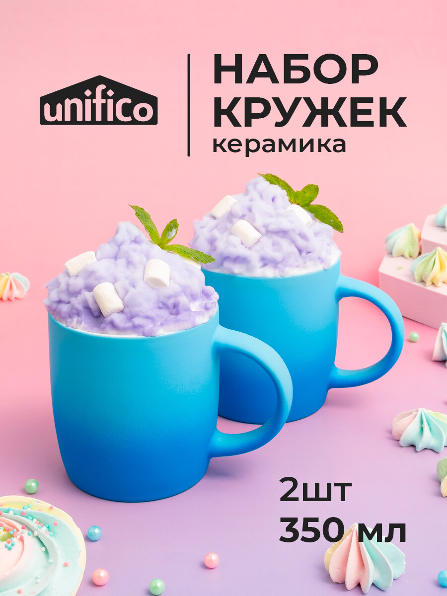 Набор кружек для чая 2 шт. 350 мл. Gradient UNIFICO с резиновым покрытием soft-touch (голубой)