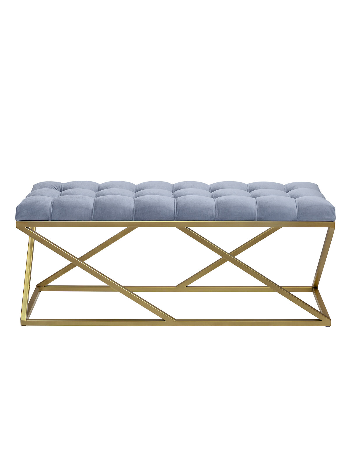Банкетка в прихожую, спальню GREENWEEN ZUMA, золотой каркас, сидение велюр цвет Light Blue, каретная стяжка, 1100х400х450