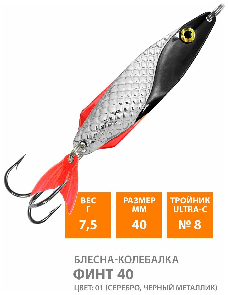 Блесна колебалка для рыбалки AQUA Финт 40mm 7,5g цвет 01