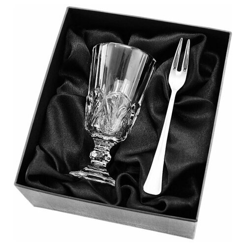 Подарочный набор хрустальная гранёная рюмка лафитник 60 мл и закусочная вилка в подарочном футляре
