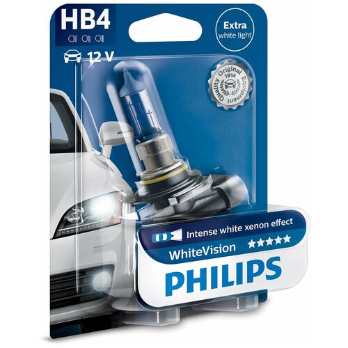 Лампа автомобильная PHILIPS WhiteVision HB4/9006 (51) P22d+60% 3700K (бл.) 12V, 1шт, 9006WHVB1