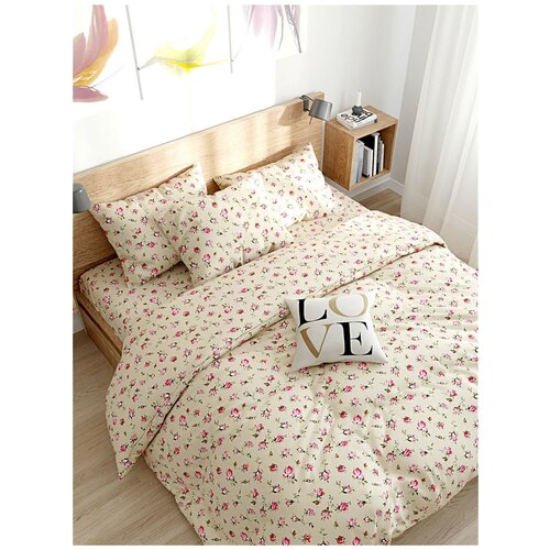 фото Постельное белье сказка "розовые бутоны на бежевом" 1,5-сп наволочка 50х70 см 2 шт простынь 150х215 см пододеяльник 145х215 см