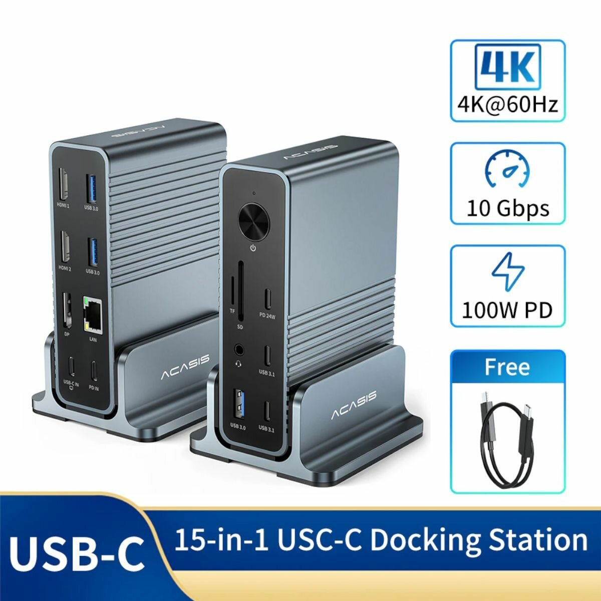 Док-станция Acasis 15 в 1 Type-C для ноутбука USB-C 4K HDMI DP 4K@60Гц 2 x USB3.1 10 Гбит/с SD / TF аудио RJ45 для Mac и Windows (DS-7A15)