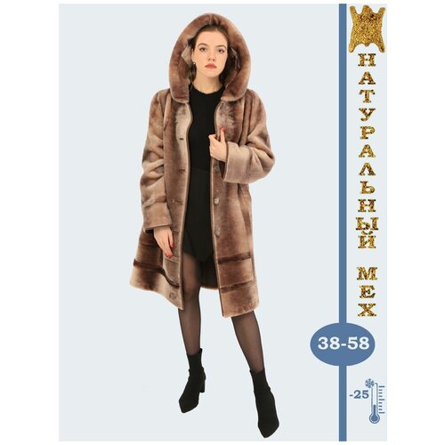 Пальто , мутон, удлиненное, силуэт трапеция, карманы, размер 48, коричневый