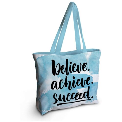 фото Текстильная женская сумка joyarty "верить и достигнуть" на молнии для пляжа и фитнеса