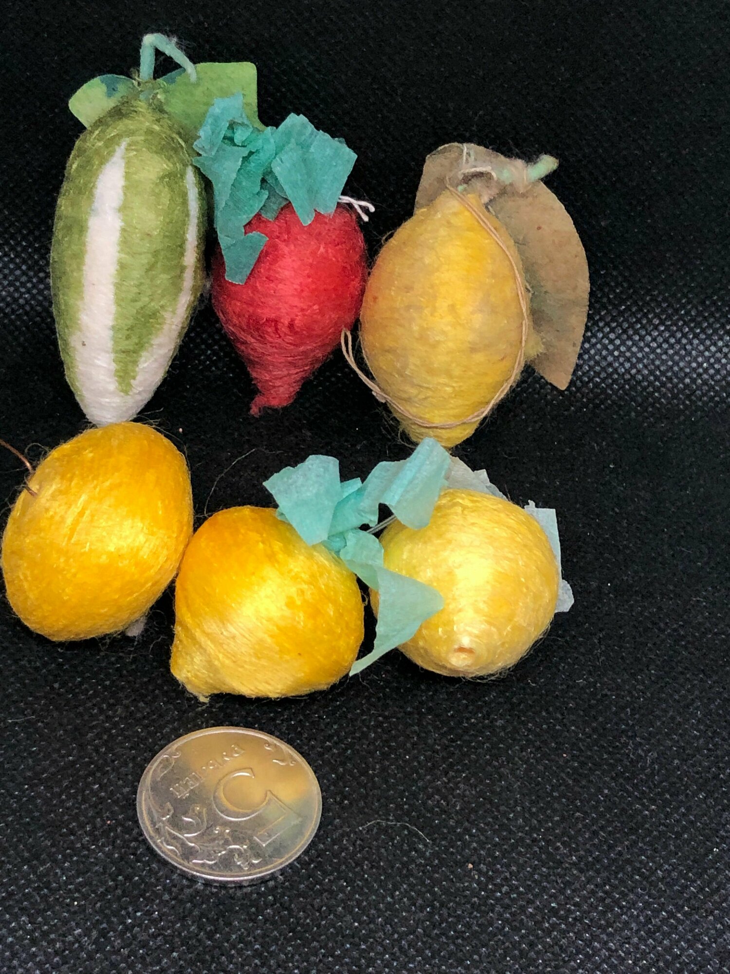 Елочная игрушка СССР набор овощи-фрукты ватные, папье-маше 6 шт № 8