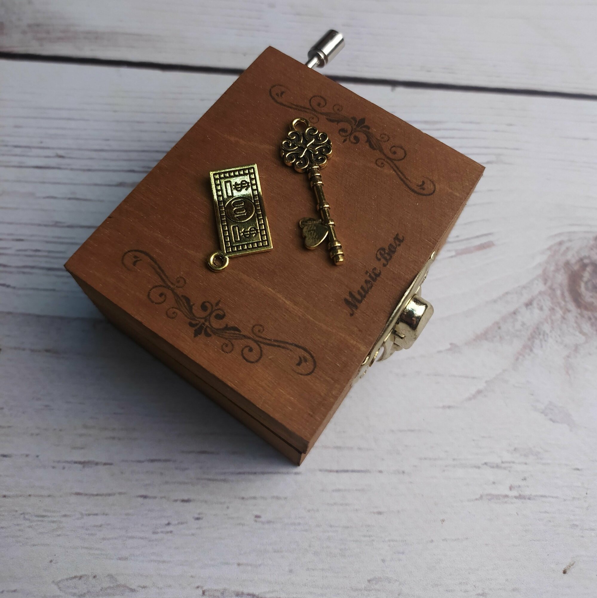 Музыкальная деревянная шкатулка-шарманка "Секрет денег" с мелодией Canon