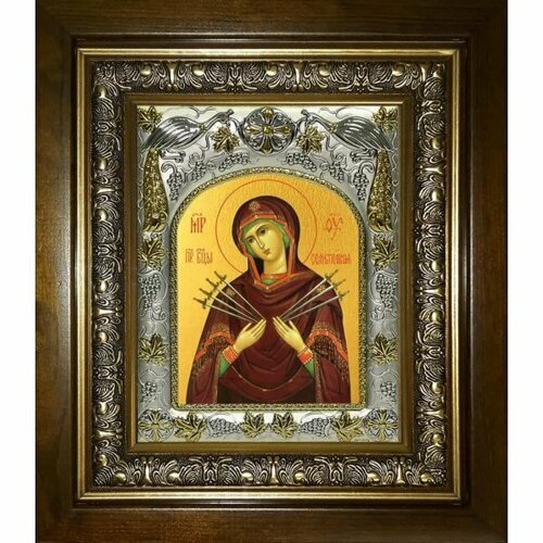 Икона Божьей Матери Семистрельная, 14x18 см, в деревянном киоте 20х24 см, арт вк-3024