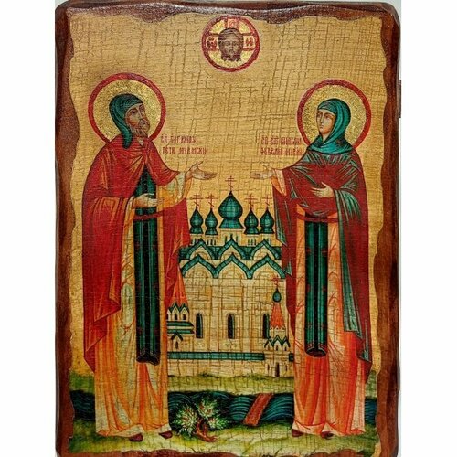 Икона Петр и Феврония Муромские под старину (17 х 23 см), арт IDR-557