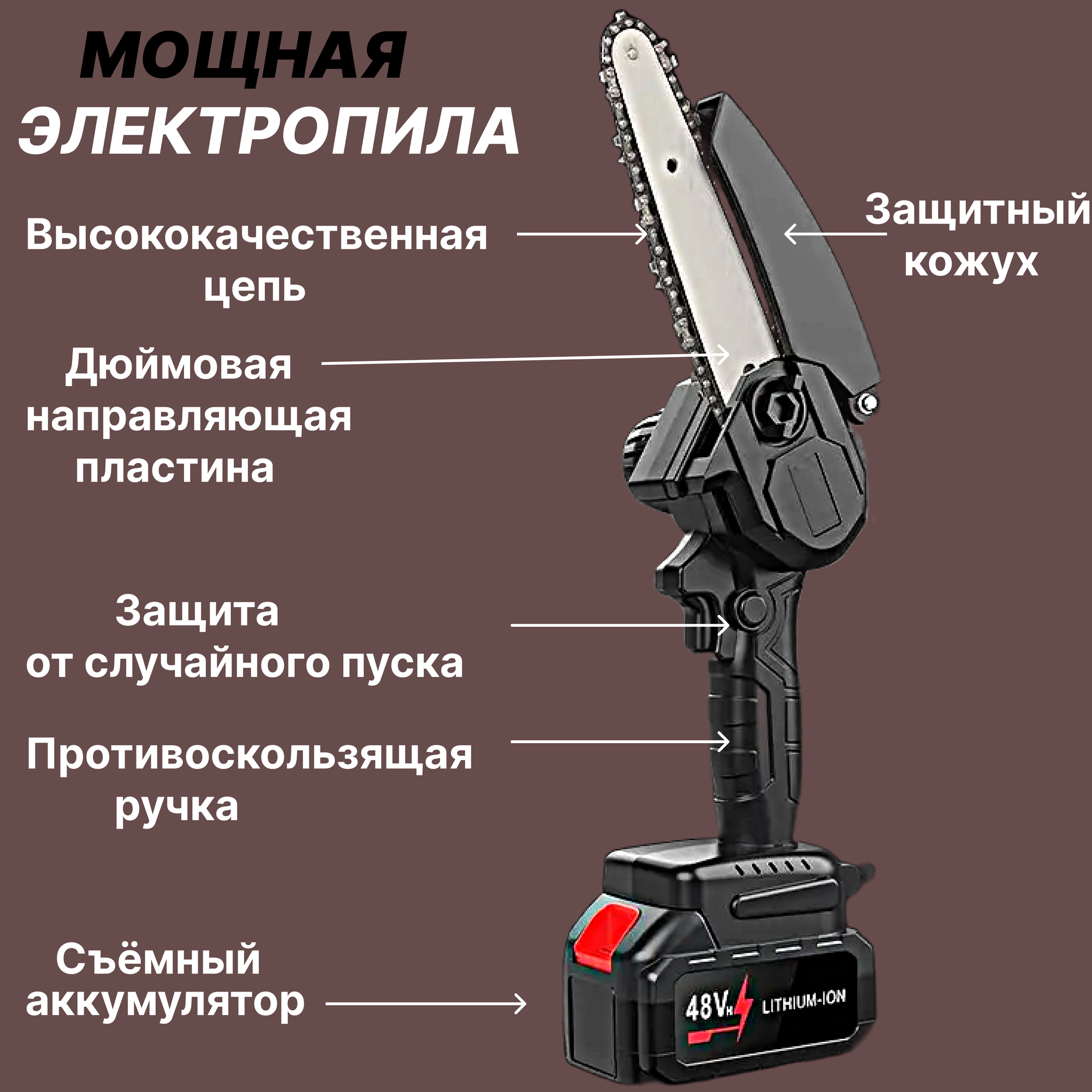 Цепная аккумуляторная пила Защитный кожух / Электропила 48V / Мини пила в кейсе для строительства и садоводства /кусторез - фотография № 2