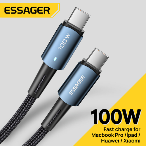 Кабель Essager Type-c-Type-c для быстрой зарядки и передачи данных, max 100W, 5 A, 480 Mbps, 2 метра, Quick Charge 3.0/4.0 (Синий)
