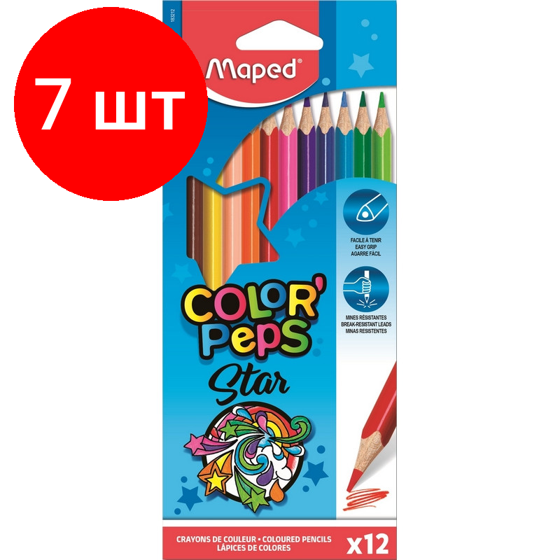 Комплект 7 наб., Карандаши цветные Maped COLOR'PEPS STAR, трехгранные,дерево,12цв/наб,183212