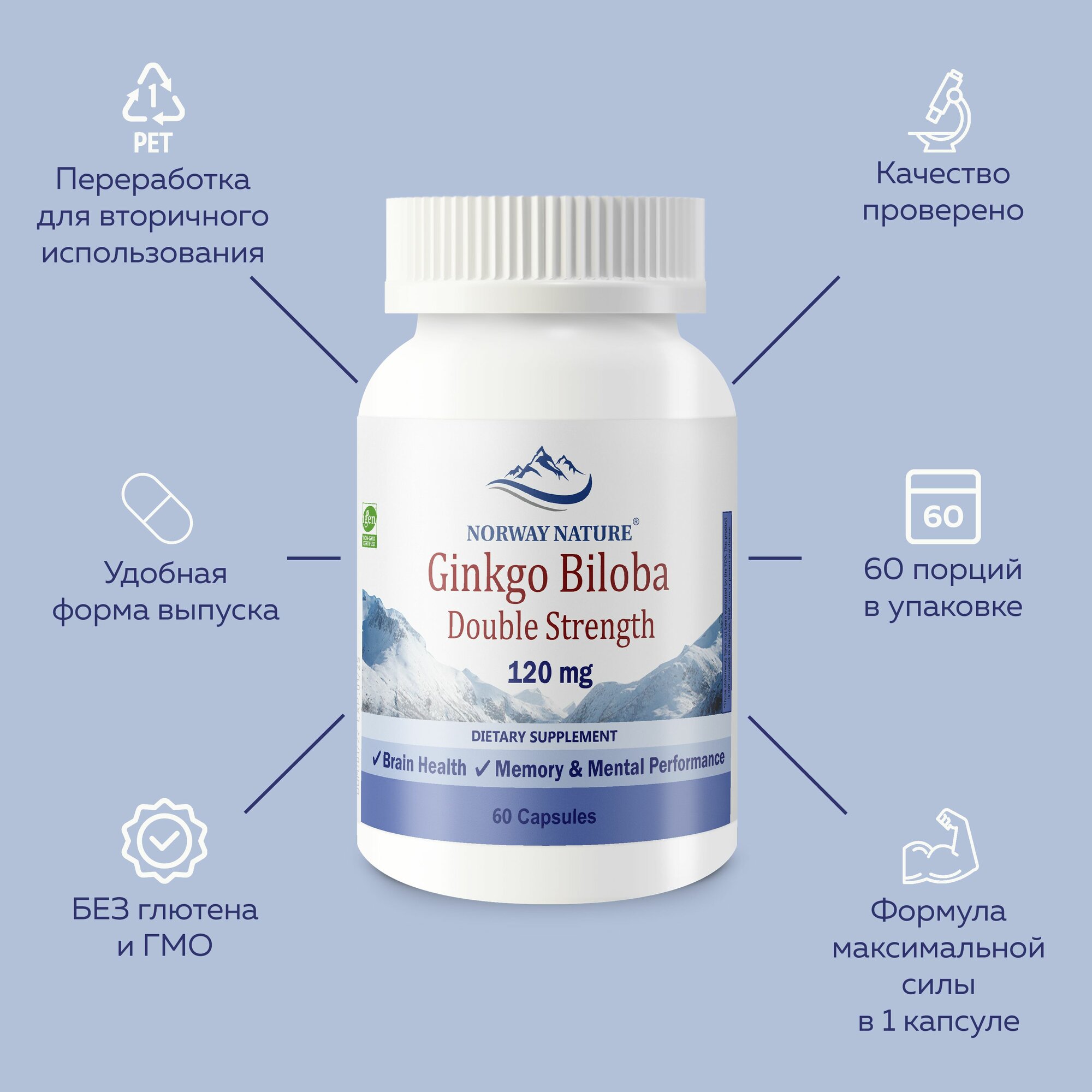 Картинки Norway Nature, Ginkgo Biloba 120 mg, 60 капсул / Экстракт Гинкго Билоба / Улучшает память и внимание. Антиоксидант