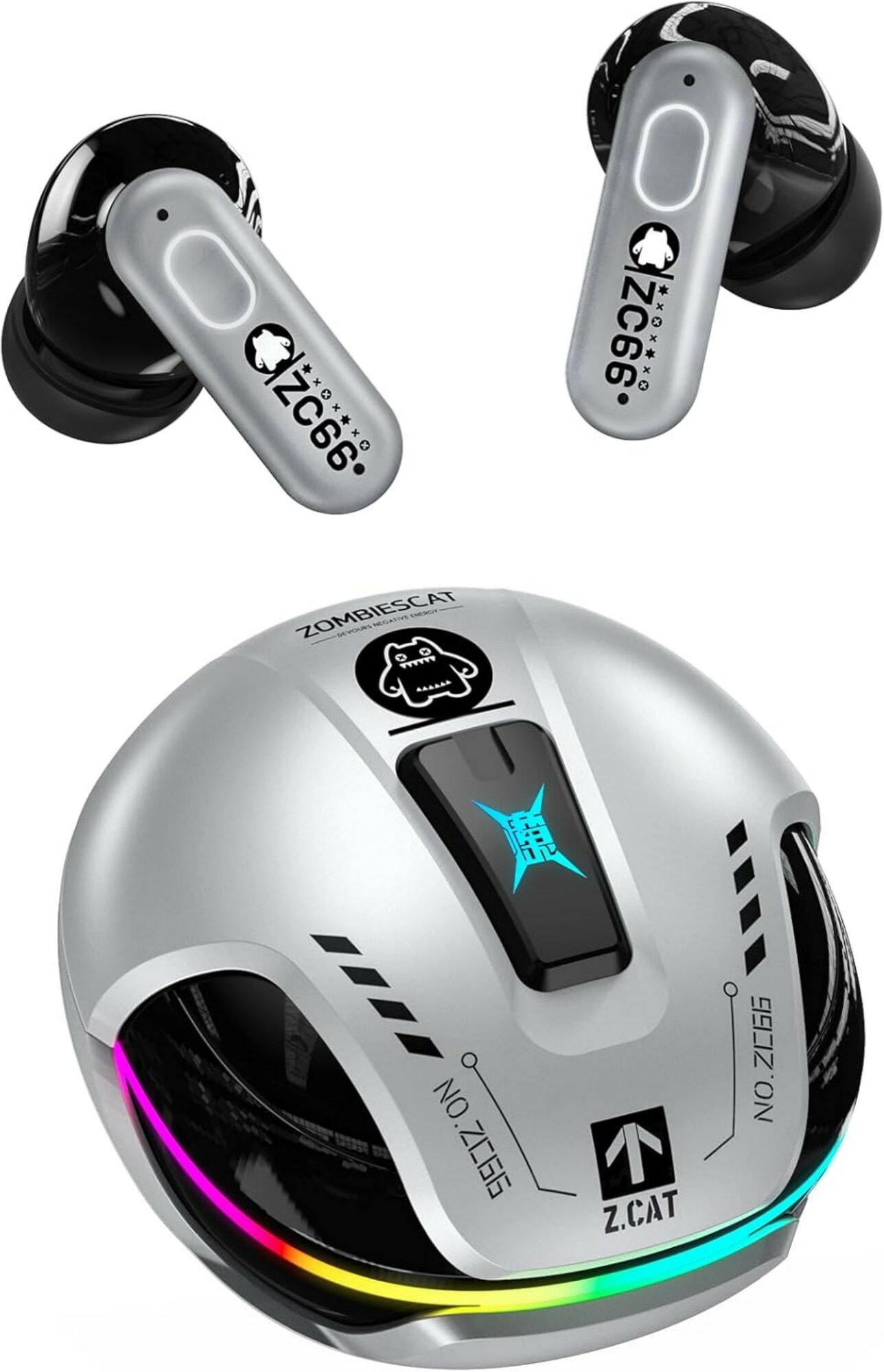 Наушники беспроводные, ZOMBIESCAT B5 c активным шумоподавлением ANC+ENC, RGB подсветка, игровые, серебристый