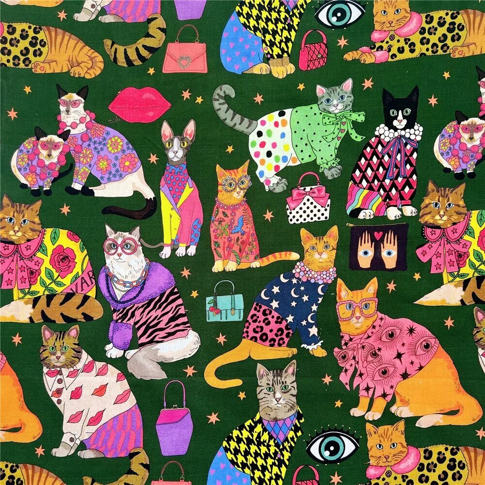 Хлопковая ткань с кошками для пошива 45x110 см Зеленый, 0.5yard (45X110cm), 2