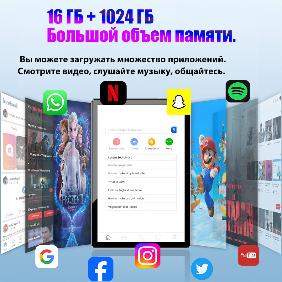 Планшет игровой 10.36" 16ГБ+1024 ГБ Планшет с клавиатурой WIFI+SIM андроид для игр Белый — фото 1