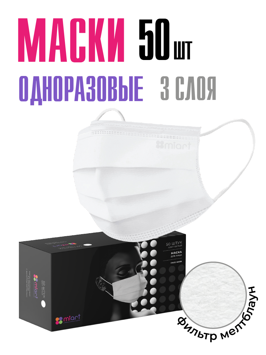 Маски медицинские одноразовые для лица MIART 50 шт белые трехслойные с фильтром мелтблаун для взрослых и детей набор гигиенических защитных масок