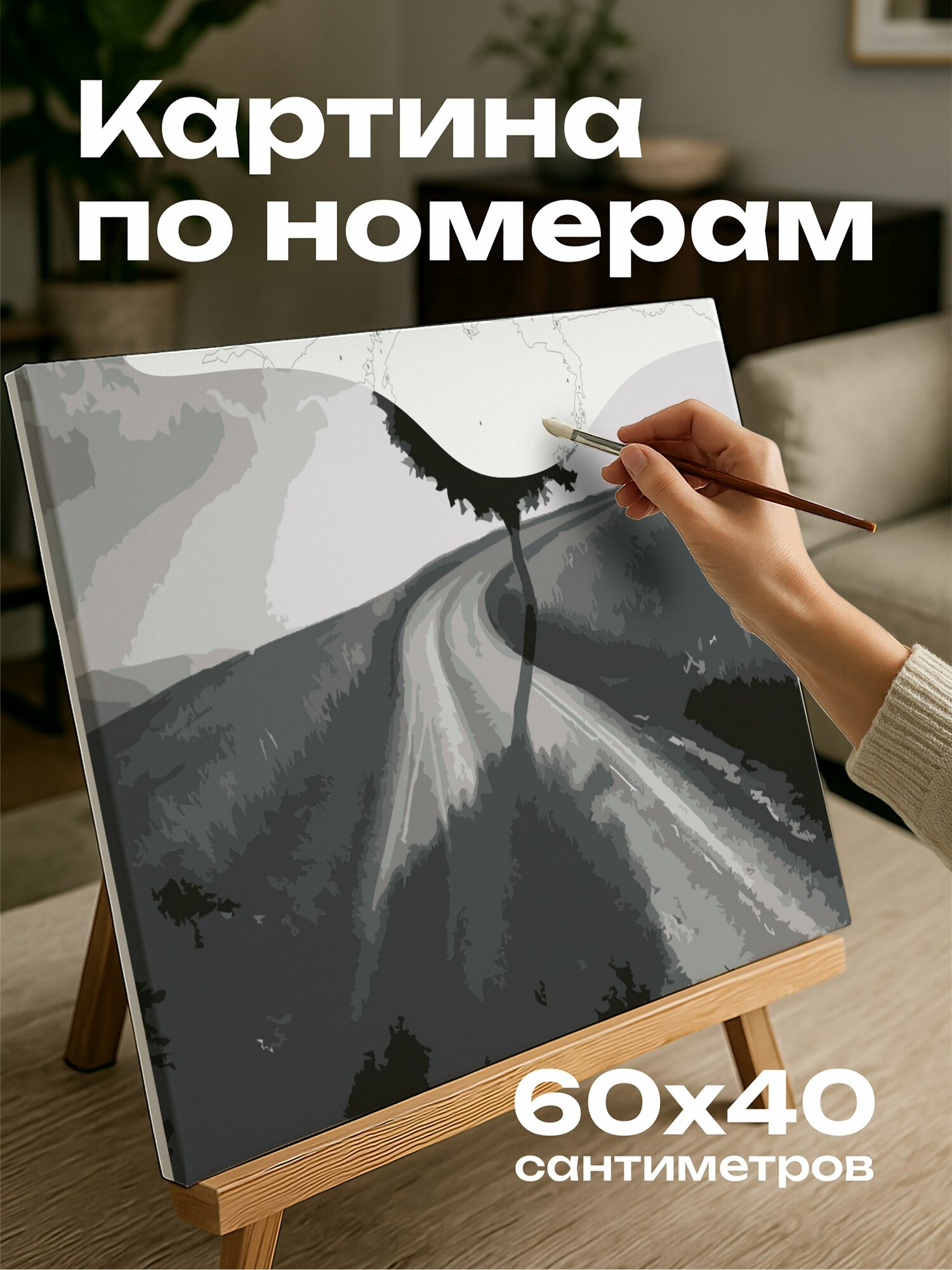 Картина по номерам 60x40 см, фотография, пустынная дорога, горизонт, тень сердца, дерево, композиция, самоанализ