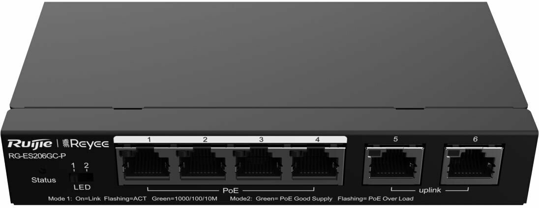 Коммутатор Reyee 6-Port Gigabit Smart POE Switch, 4 PoE/POE+ Ports with 2 Gigabit RJ45 uplink ports, 54W PoE power budget, Desktop Steel Case (RG-ES206GC-P) Ruijie - фото №3