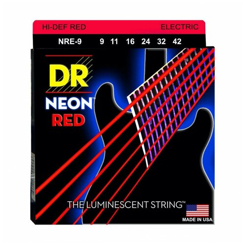 фото Dr nre-9 hi-def neon red 9-42 струны для электрогитары с люминисцентным покрытием