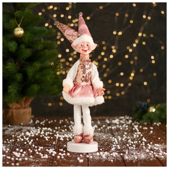 Новогодний шут "В платье с пайетками и мехом" 30 см, розово-белый