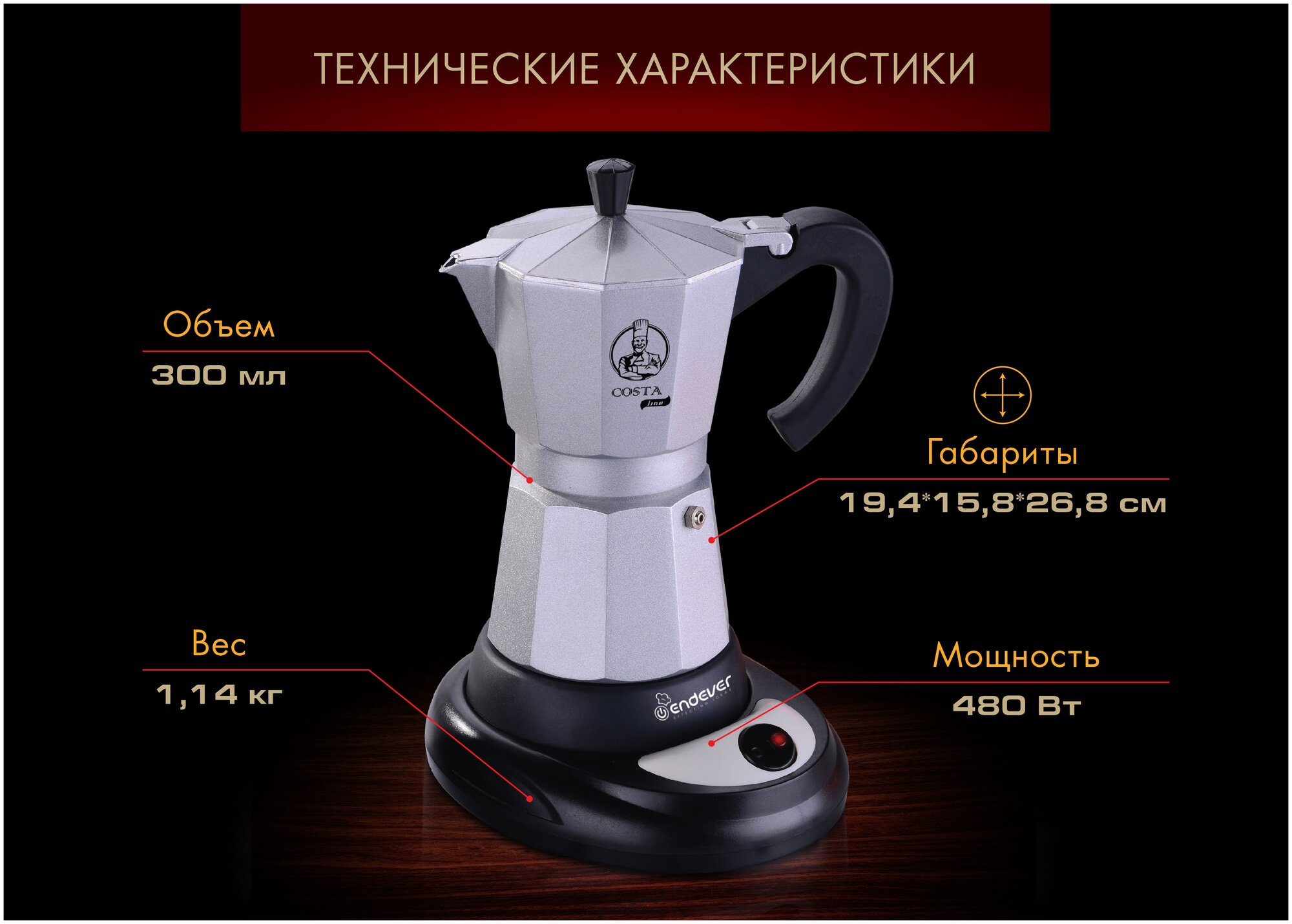 Гейзерная кофеварка электрическая ENDEVER Costa-1010 / 480 Вт / 300 мл / 3-6 чашек - фотография № 3