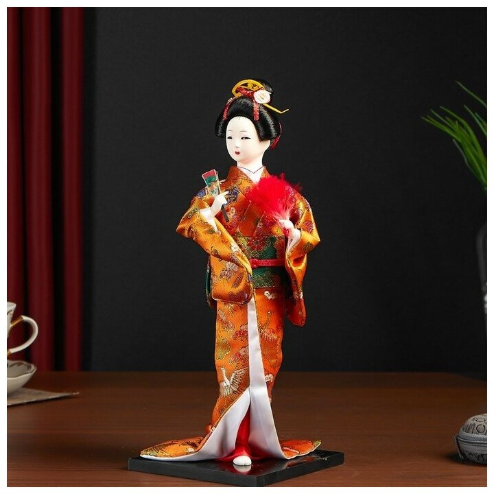 Кукла коллекционная КНР "Гейша в оранжевом кимоно с веером", 22,5 см (1062511)