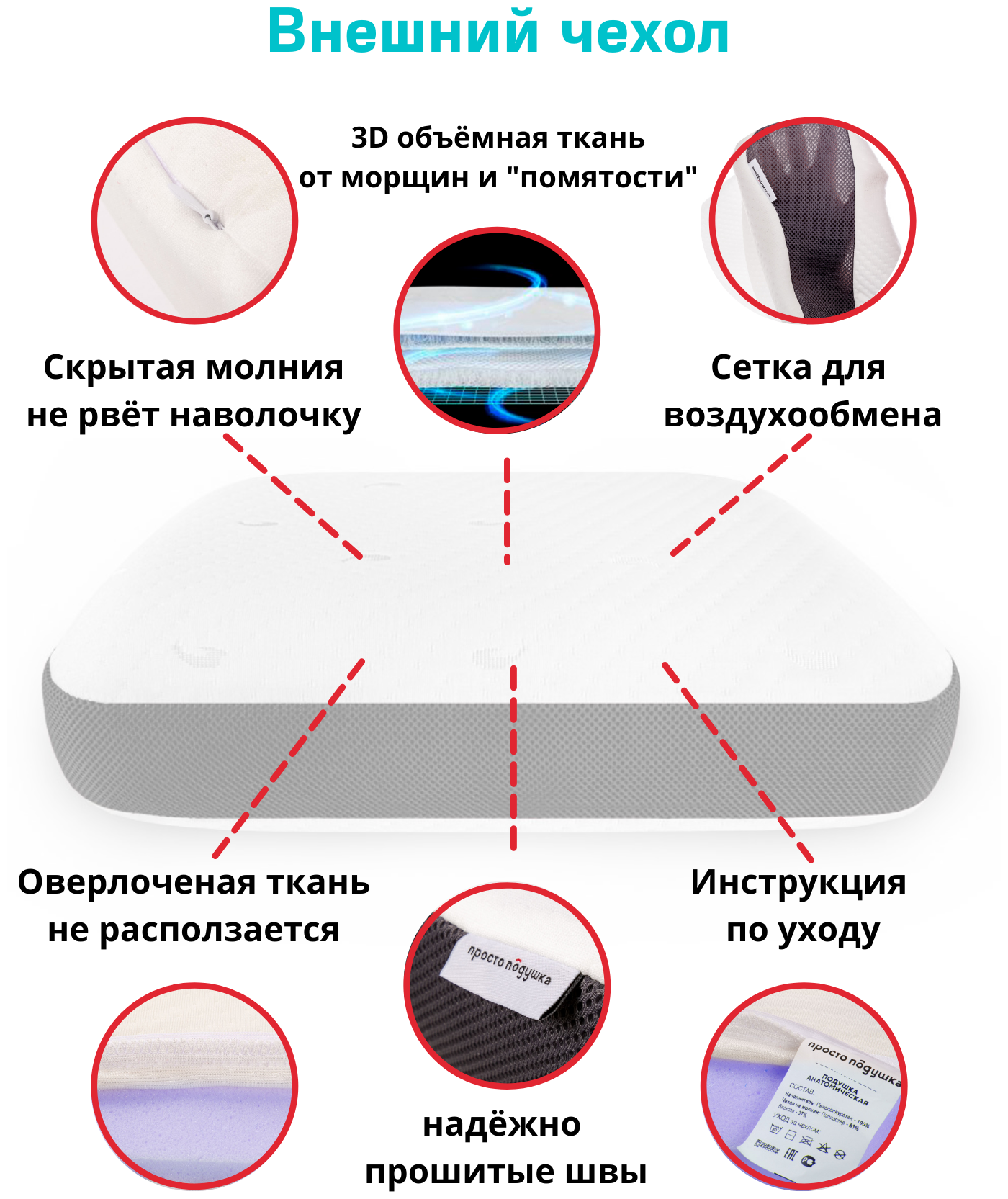 Ортопедическая подушка с эффектом памяти 60х40х11/13 см "Просто Подушка" №9 валики мягкая