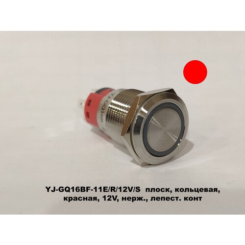 YJ-GQ16BF-11E/J/R/12V/S Кнопка антивандальная, плоск, кольцевая, красная , 12V, нерж. лепест. конт.