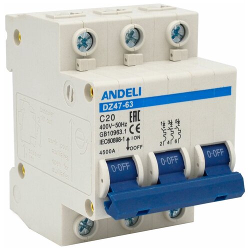 Автоматический выключатель ANDELI DZ47-63/3P 20A 4.5kA х-ка C ADL01-093 16086981