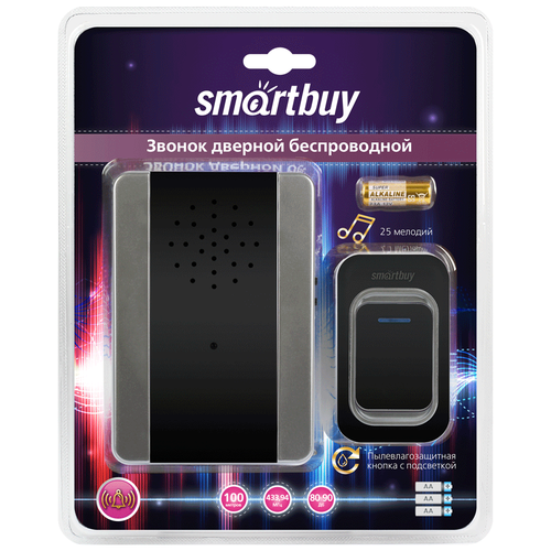 Звонок с кнопкой SmartBuy SBE-11-DP6-25 электронный беспроводной (количество мелодий: 25) черный smartbuy sbe 11 dp6 25