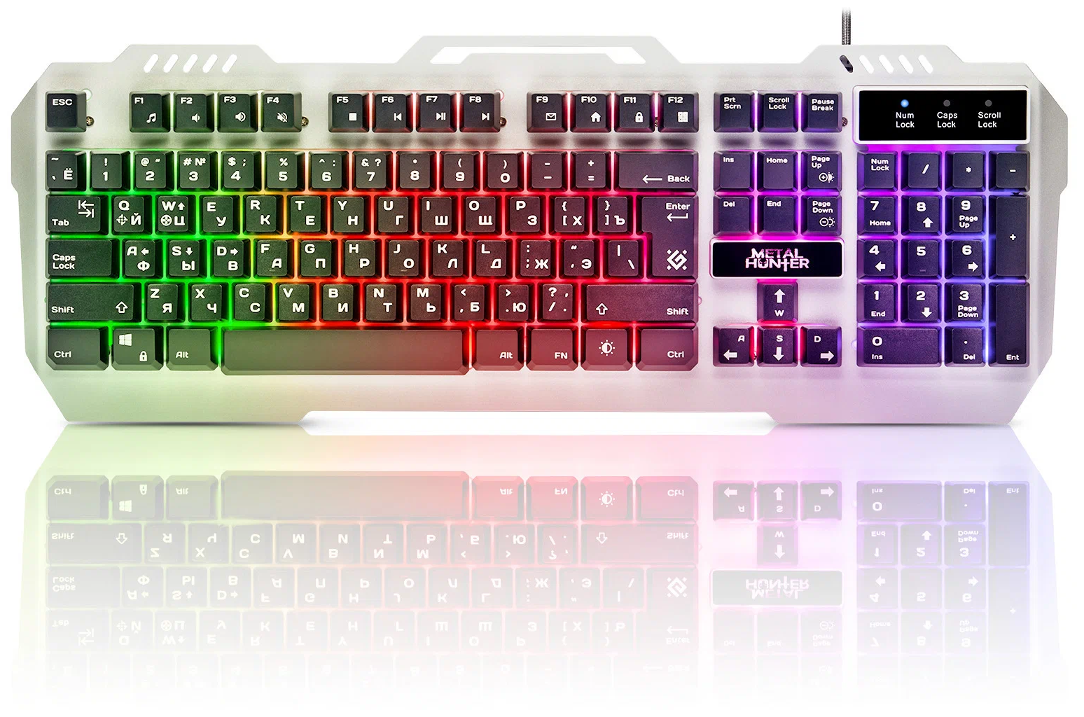 Клавиатура Defender Metal Hunter GK-140L мембранная, проводная, подсветка RGB, USB, металлическая, серебристая
