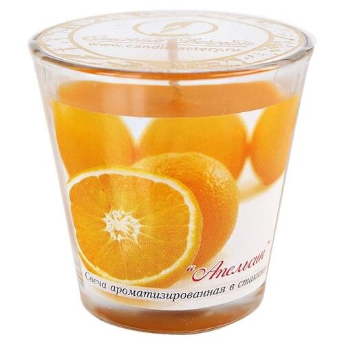 Свеча Омский Свечной ароматическая в стакане Апельсин 321507 оранжевый 6 см 10 часов коническая 1 шт. цитрусовый 6.5 см