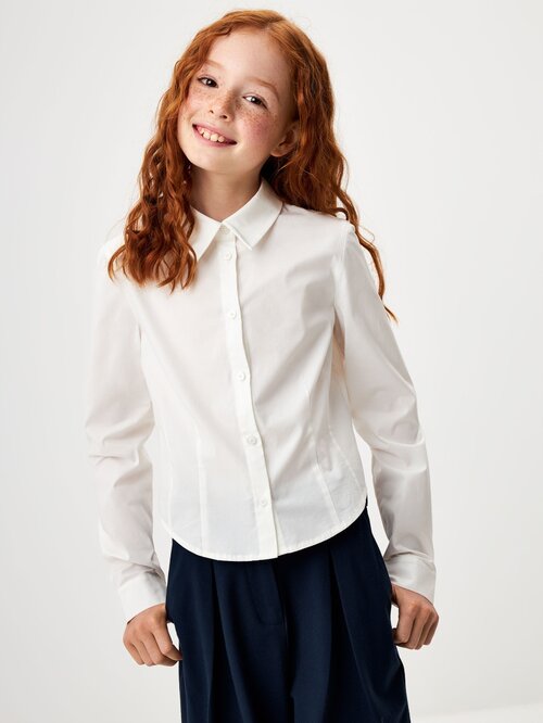 Школьная блуза Sela, полуприлегающий силуэт, на пуговицах, длинный рукав, без карманов, однотонная, размер 140, белый