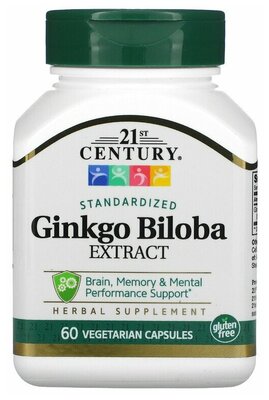 21st Century, Ginko Biloba extract, Экстракт гинкго билоба, стандартизированный 60 Вег. капсул