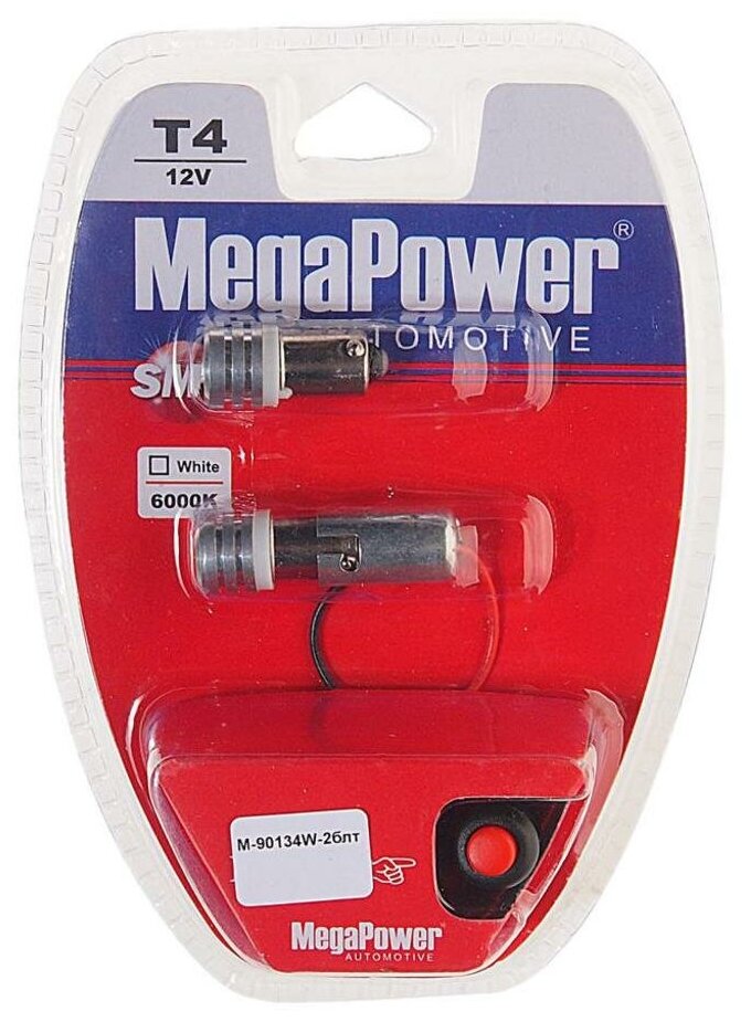 Лампа автомобильная светодиодная MegaPower M-90134W-2блт T4 12V BA9s