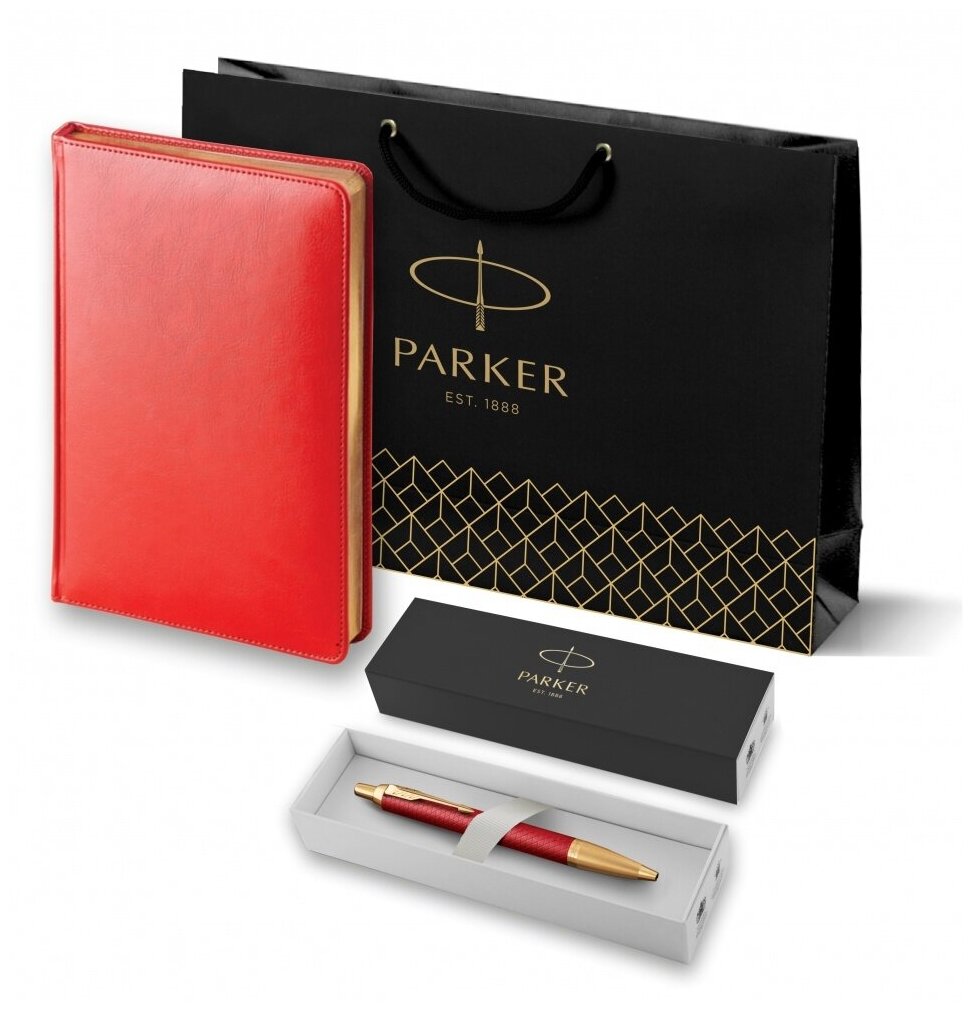 Подарочный набор: Шариковая ручка Parker IM Premium K318 Red GT, цвет чернил синий и красный недатированный ежедневник с золотым срезом