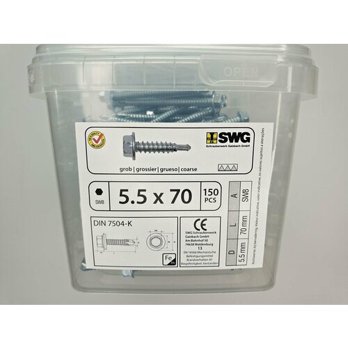 Саморез по металлу SW8 DIN 7504-K с фланцем 5.5x70 (150 pcs) SWG, Германия