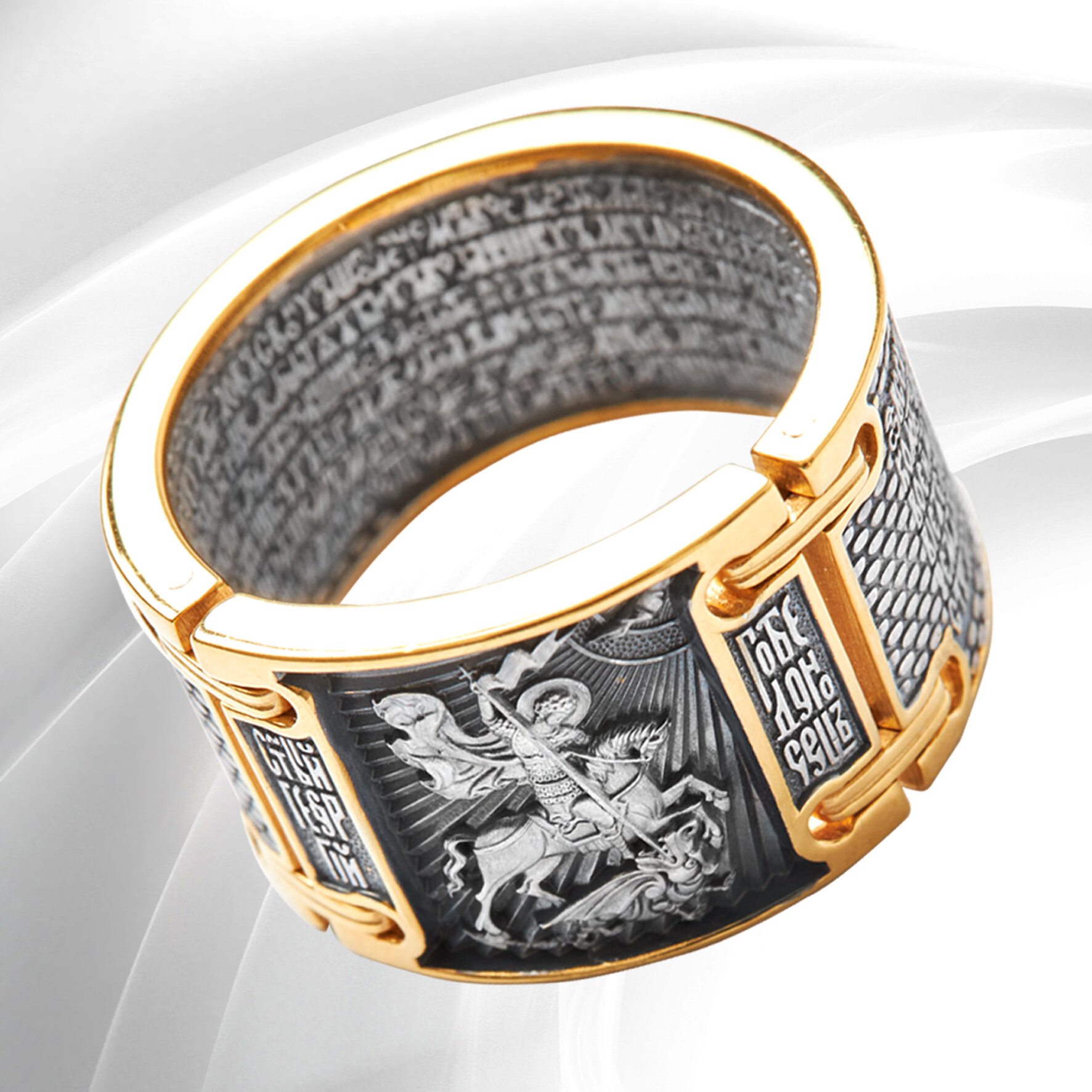 Перстень серебряный мужской кольцо православное широкое с золочением " Георгий Победоносец" амулет ручной работы