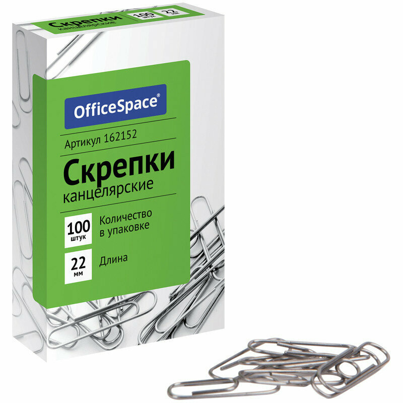 Скрепки 22мм, OfficeSpace, 100шт, карт. упаковка, 30 штук, 162152