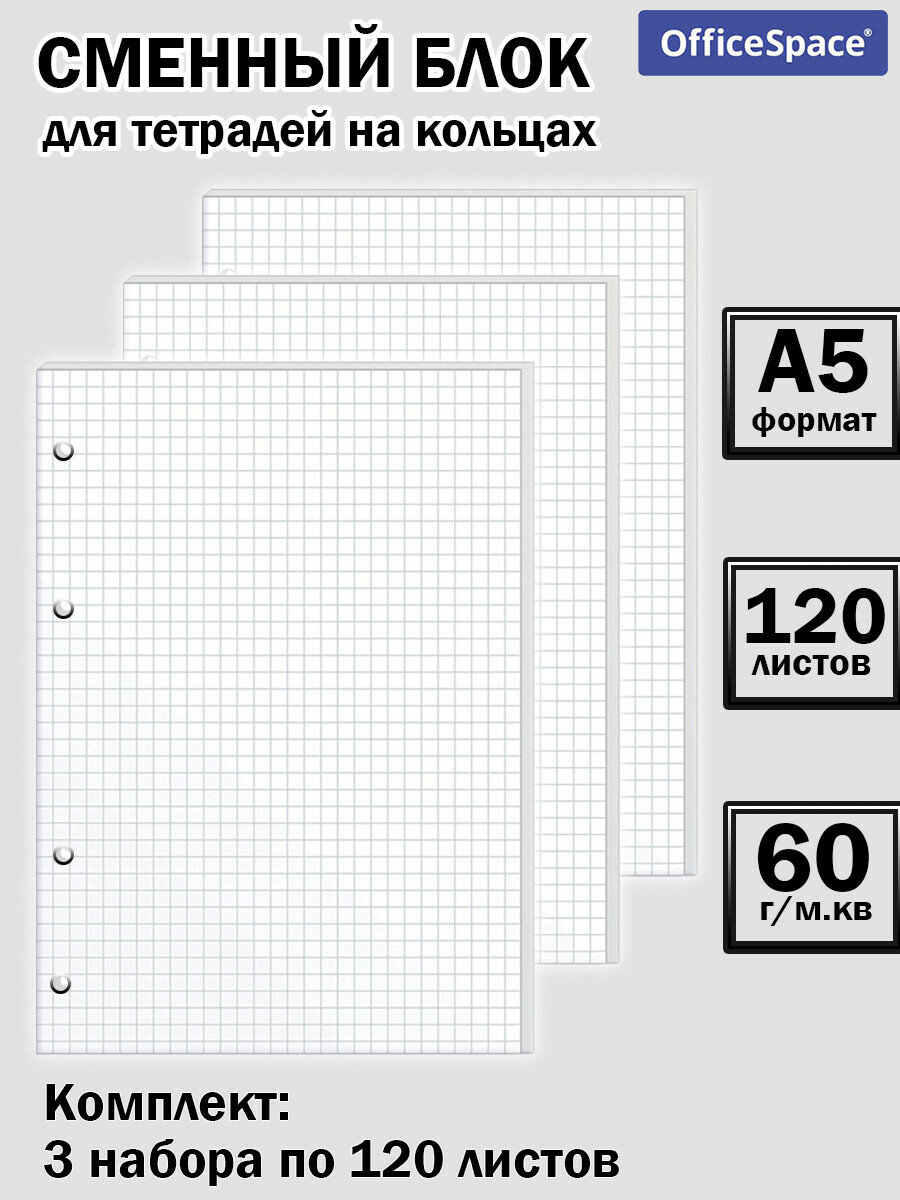Сменный блок для тетрадей на кольцах 120 листов, А5 (3 шт)